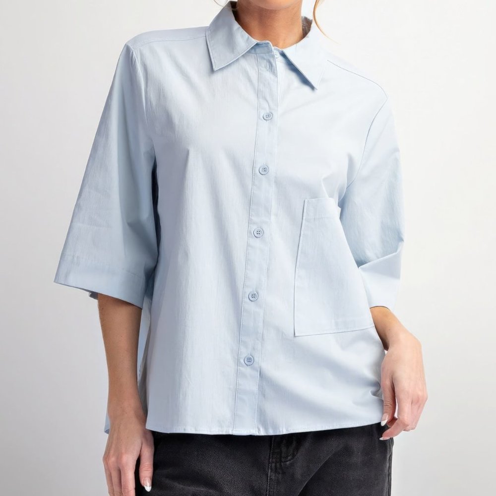 Half Slvs Stretch Poplin Button Down Shirt-Sky Blue